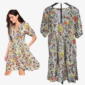 Boden Womens 10R Dress Piper Short Jersey Floral Midi Puff Sleeves NWT